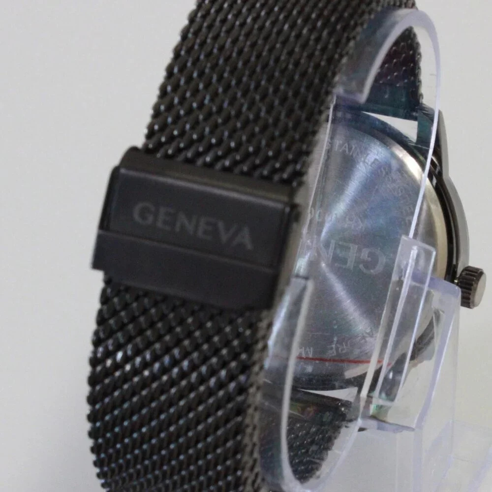 Geneva Men's Dress Watch Gun Metal Finish Diamond At 12 Milanese Bracelet 42mm